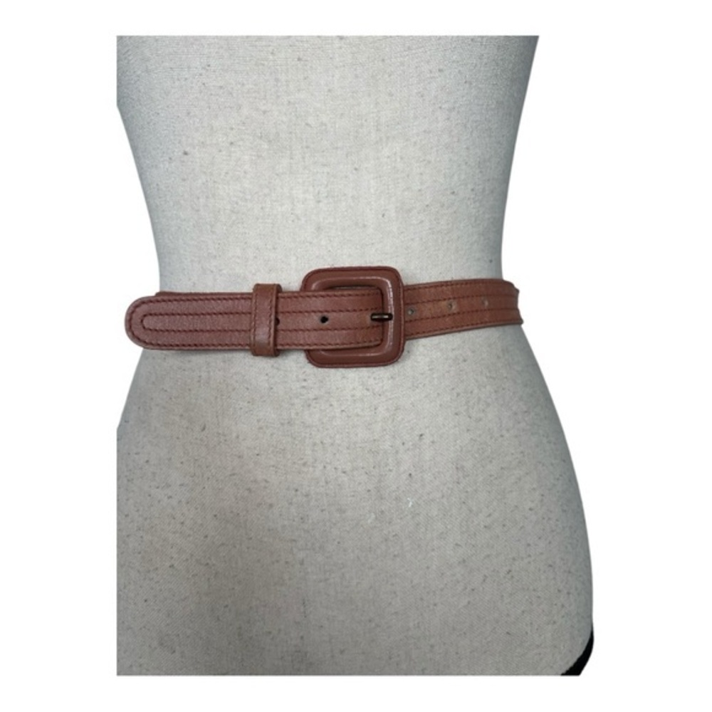Vintage Brown Leather Belt with Rectangular Buckle and Textured Surface - Picture 1 of 5